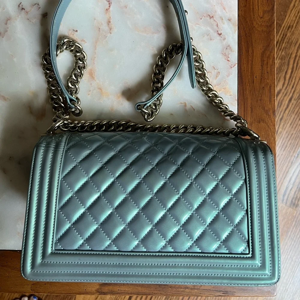 Chanel Quilted Blue Patent Leather Iridescent Medium Boy Bag